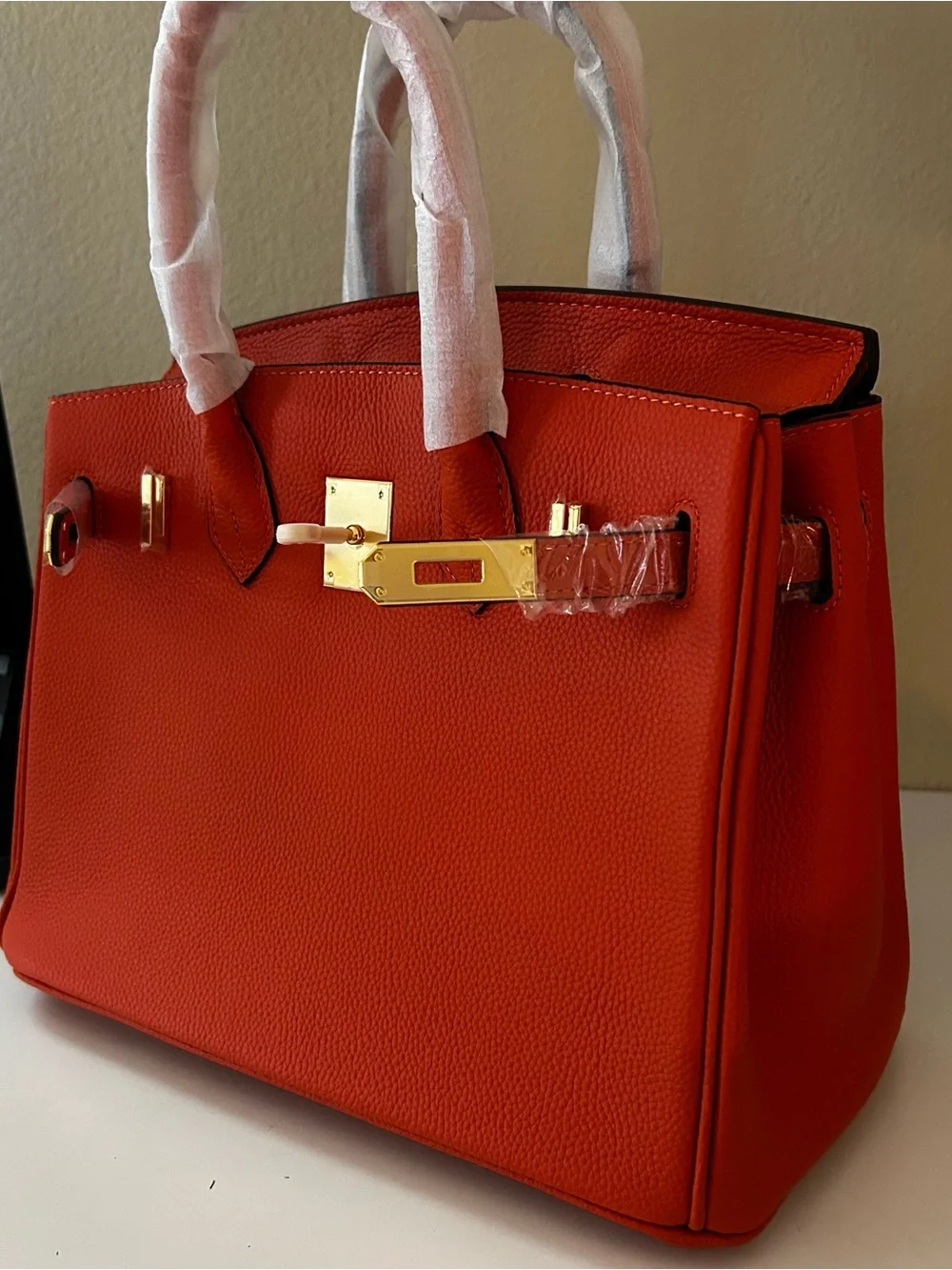 30cm Gold on Orange Top Handle Leather Satchel BK Style